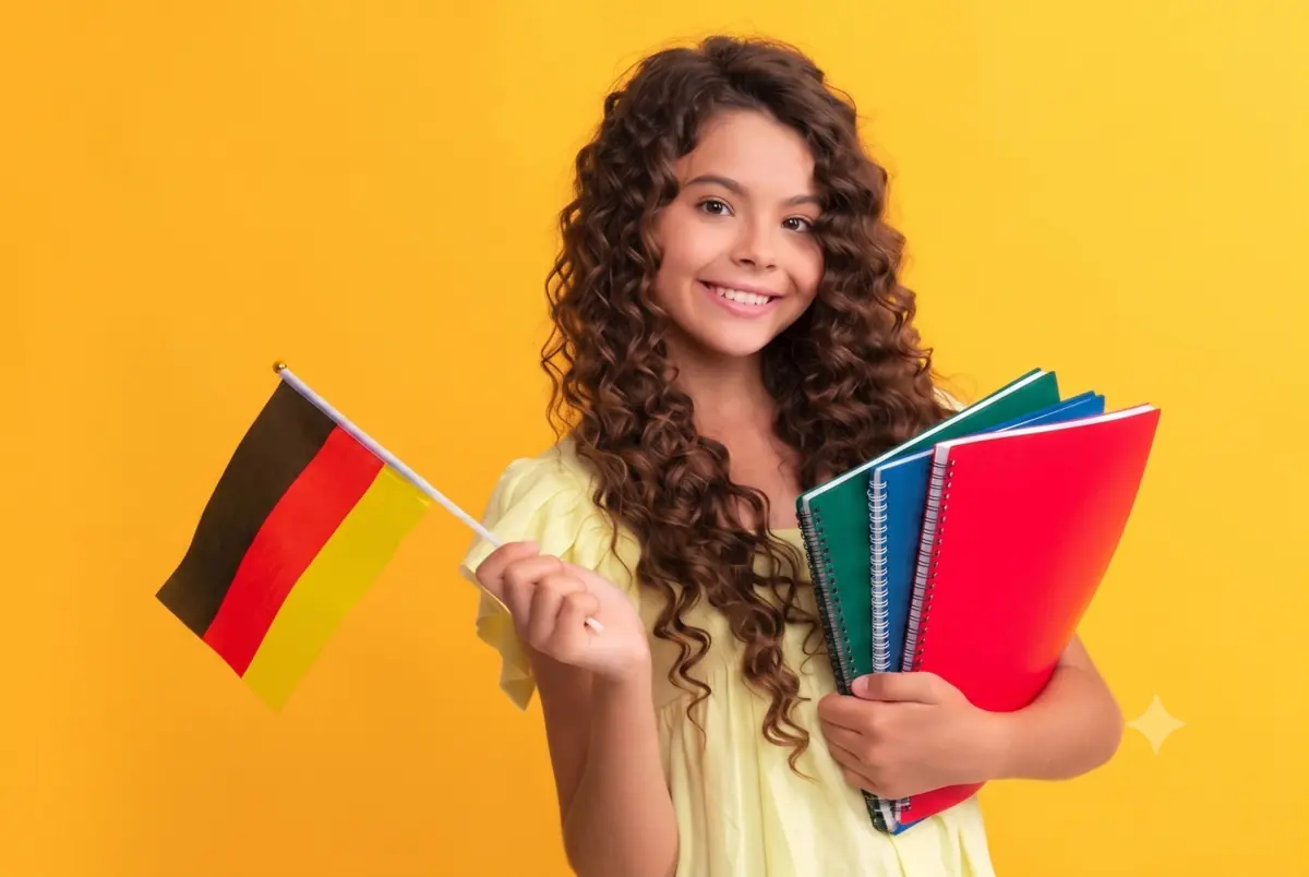 Criança sorrindo com a bandeira da Alemanha e cadernos