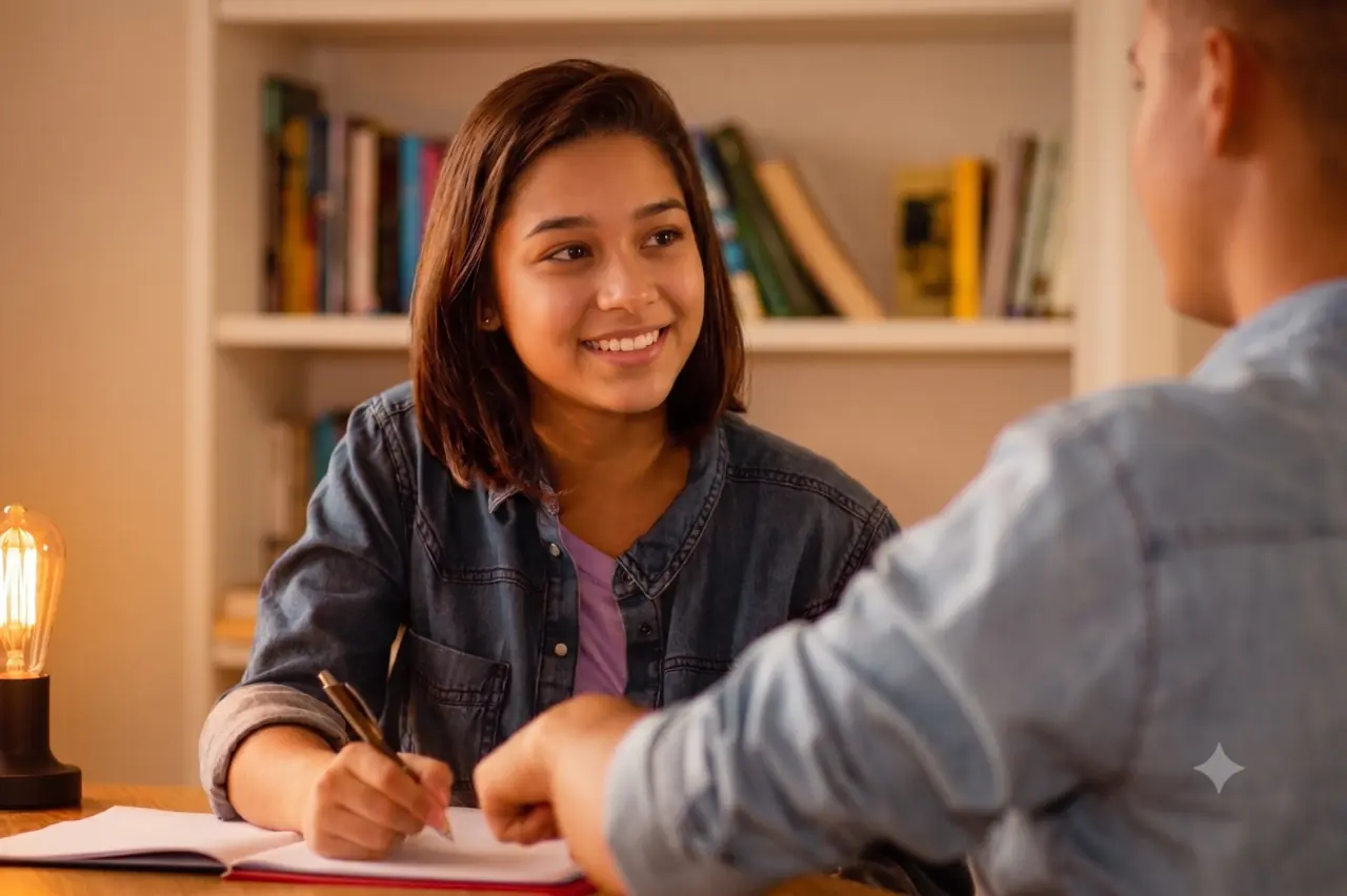 Alunos sorrindo em sala da Kontakt